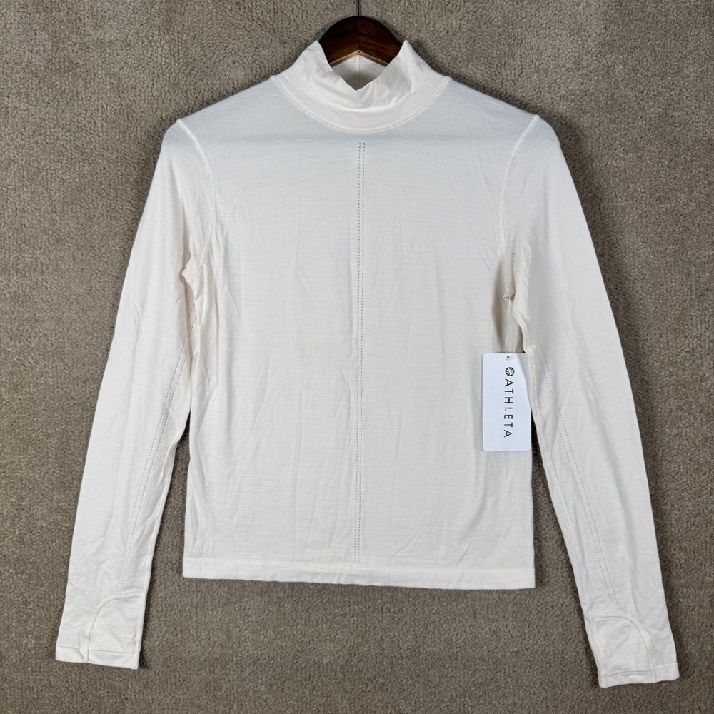 Athleta Ascent Seamless Turtleneck Womens Medium Cream Wool Blend Thumbholes - Picture 2 of 12